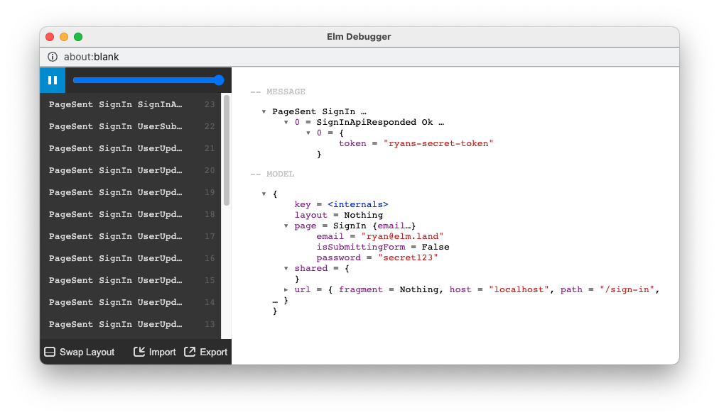 The Elm debugger, showing the latest message 