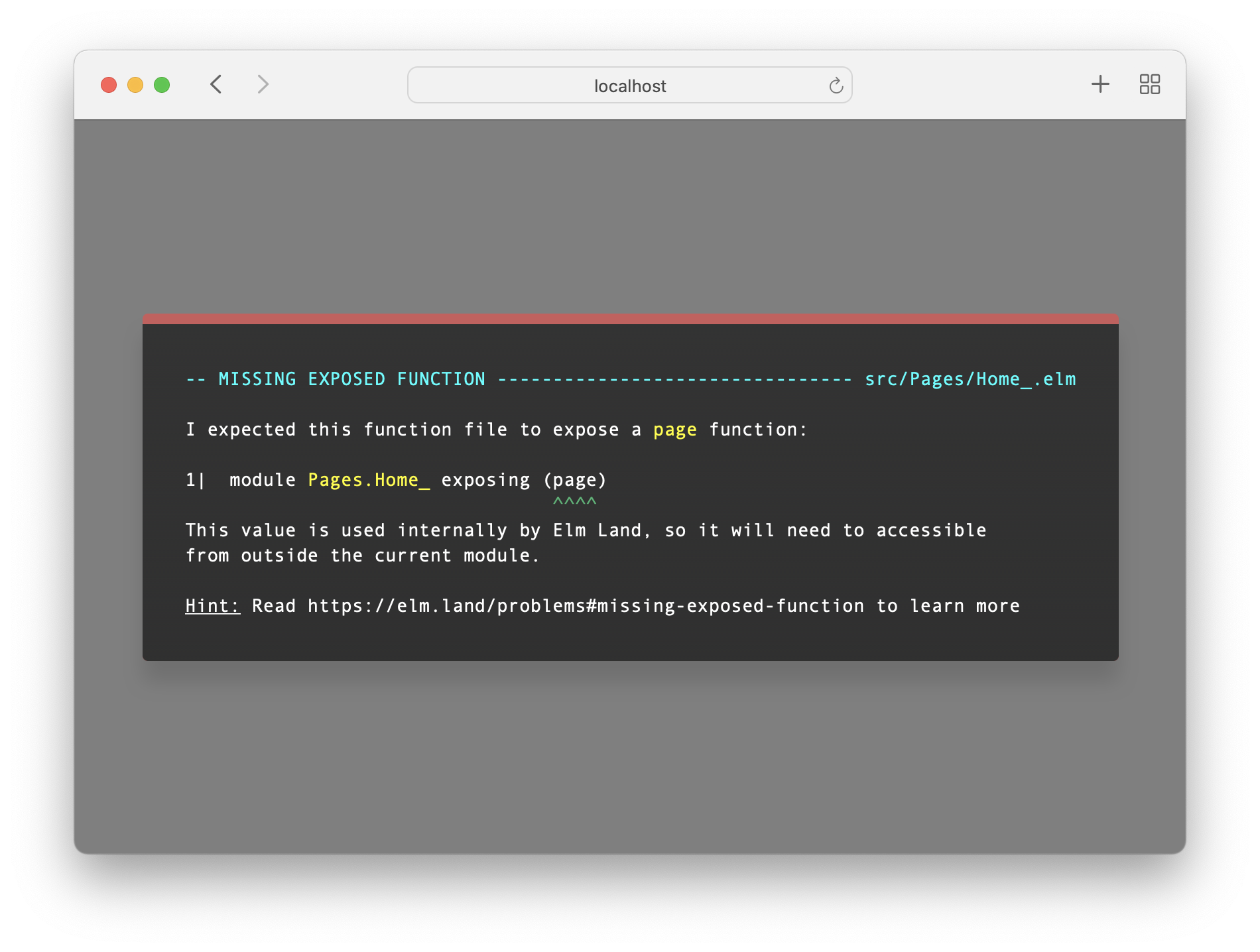 Screenshot of the Elm Land error message for a missing "page" export