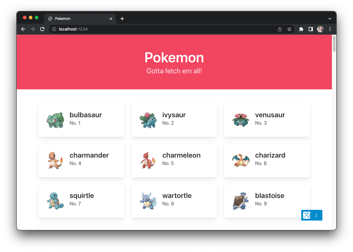 The homepage, showing a grid of all 150 Pokemon