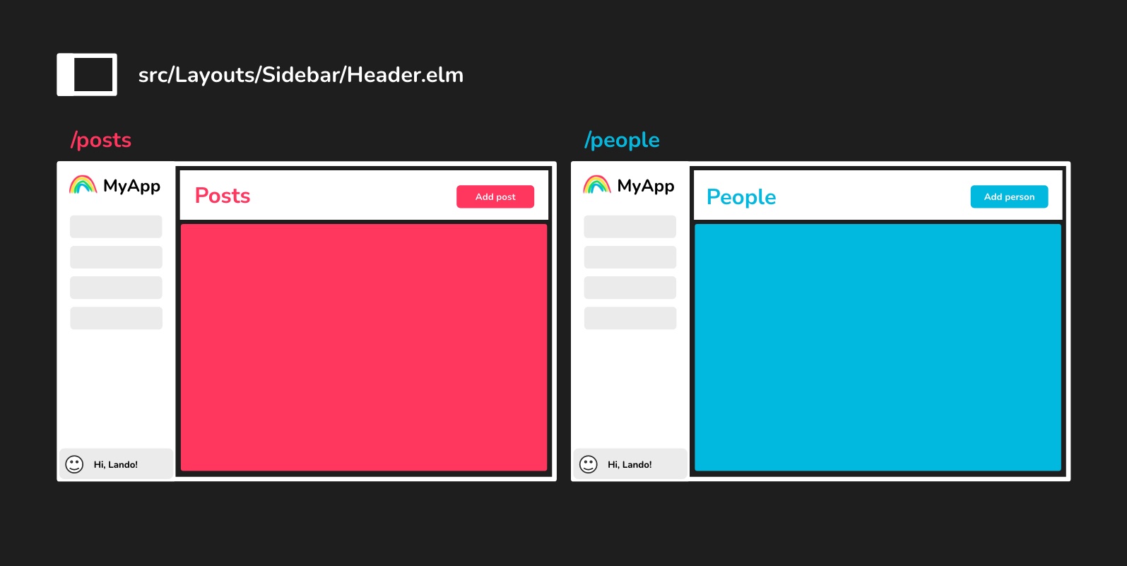 A visual of two pages using our header layout: "People" and "Posts". They each have a distinct action in the top-right. People has an "Add person" button, while Posts has an "Add post" button