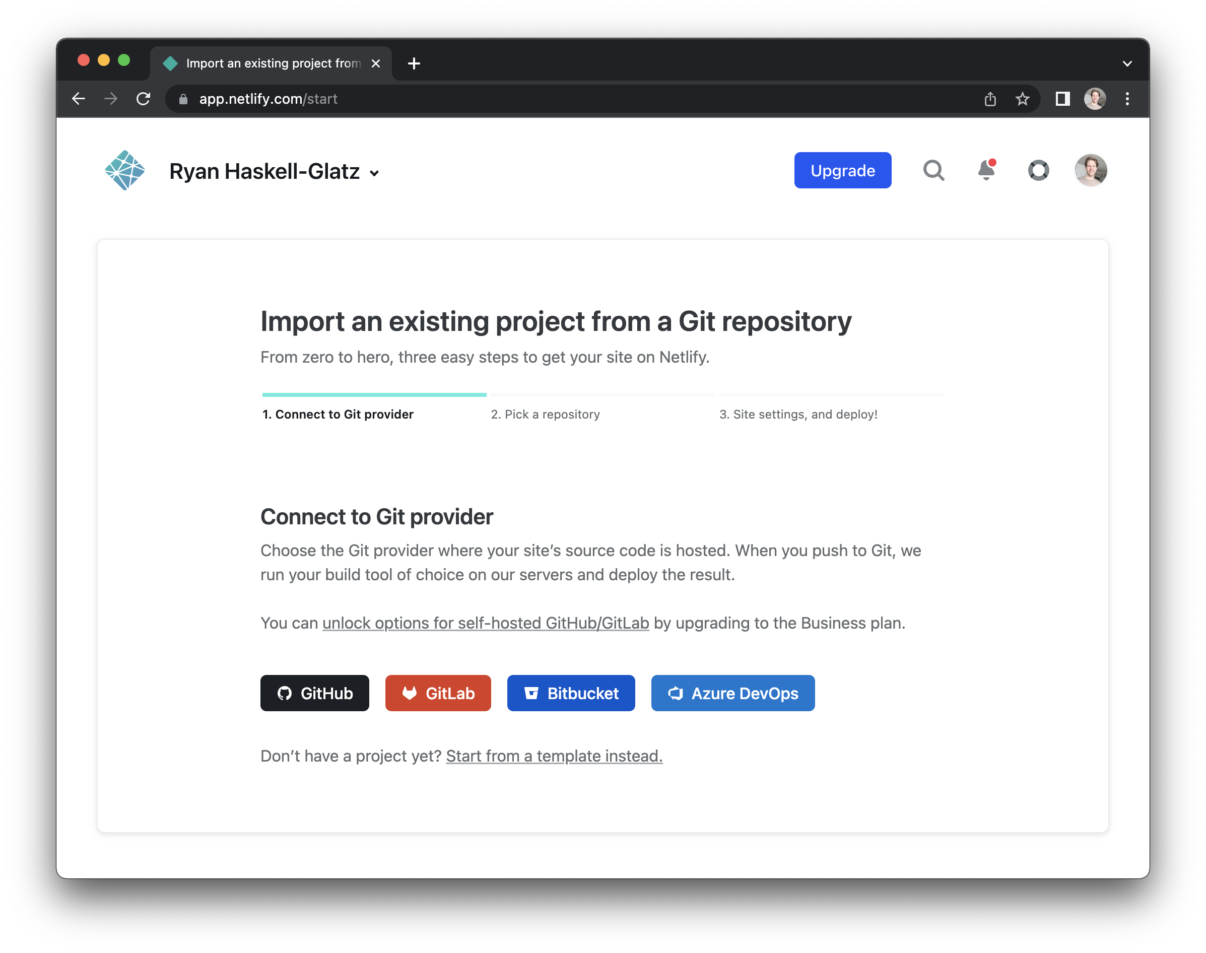 Netlify's "import an existing project" screen in the browser