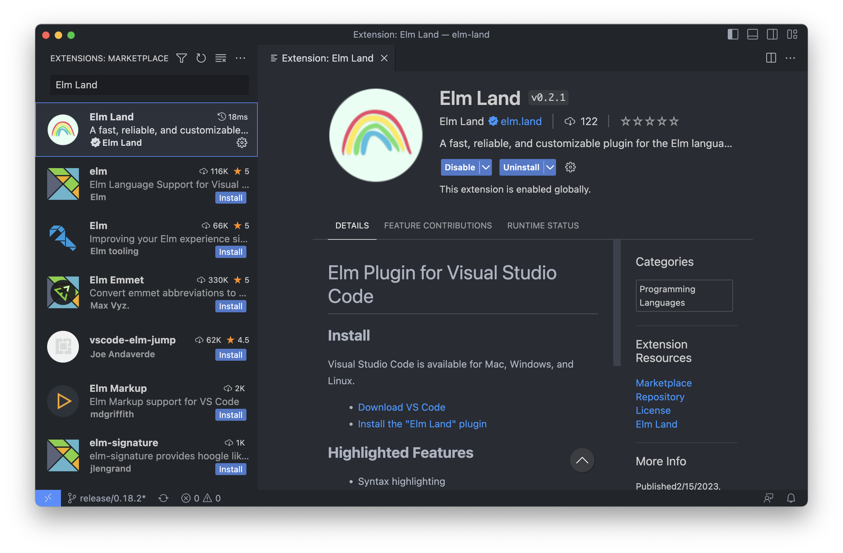 A screenshot of the Elm Land VS Code extension