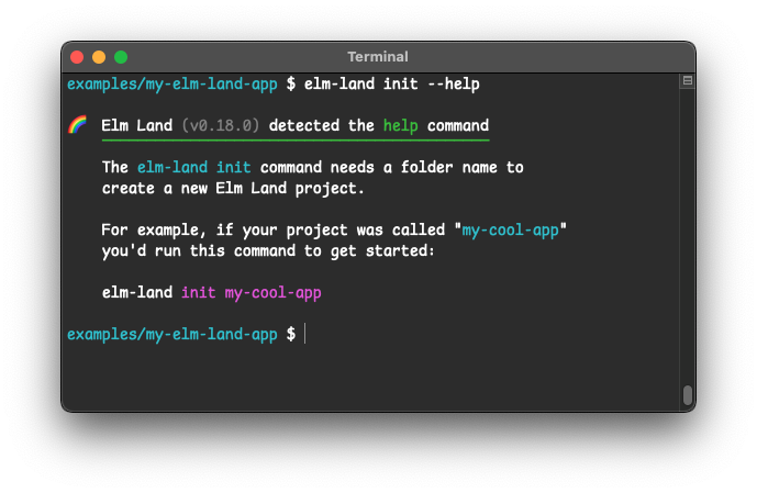 The "elm-land init --help" command, showing more detailed instructions