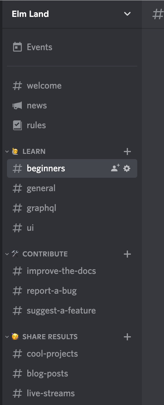 A screenshot of the Discord server's channel list, with the "Beginners" channel currently selected. Section headers include: Learn, Contribute, Share results